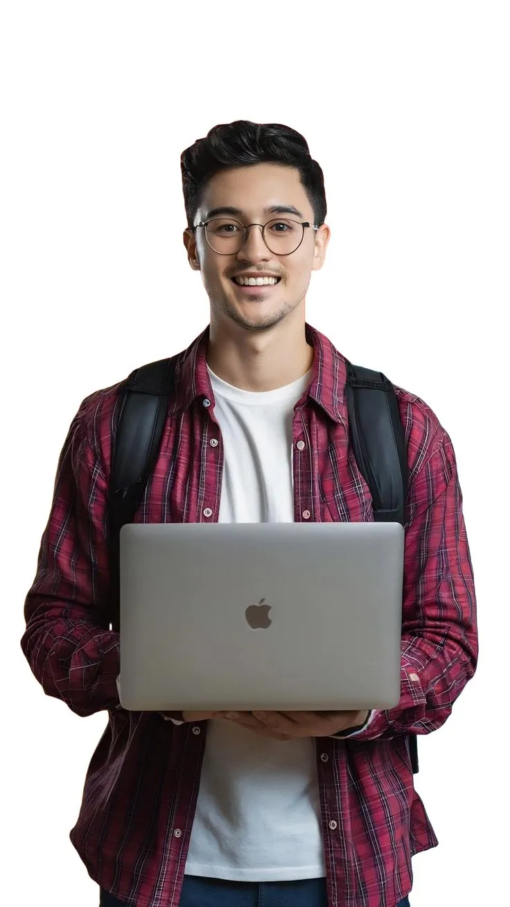 Jovem sorrindo, segurando um notebook
