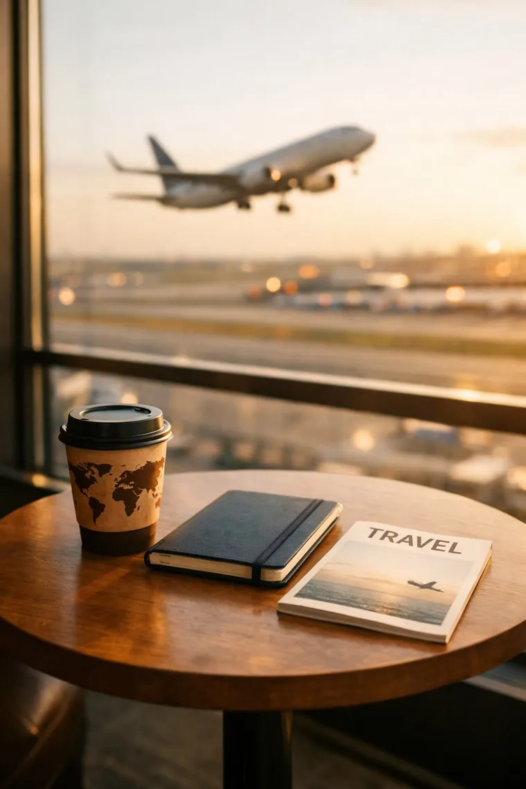 Avião decolando visto da janela do aeroporto, com café e caderno na mesa