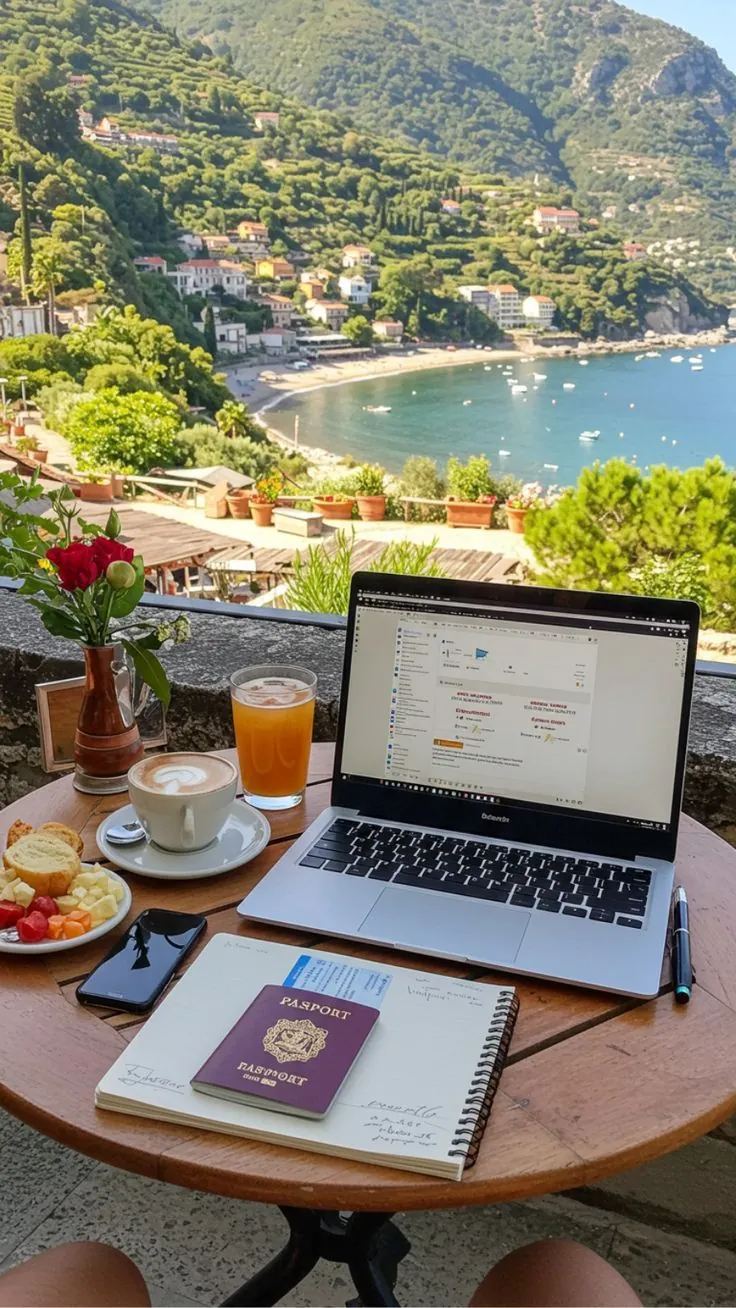 Notebook em uma mesa com vista para o mar, ao lado de um passaporte