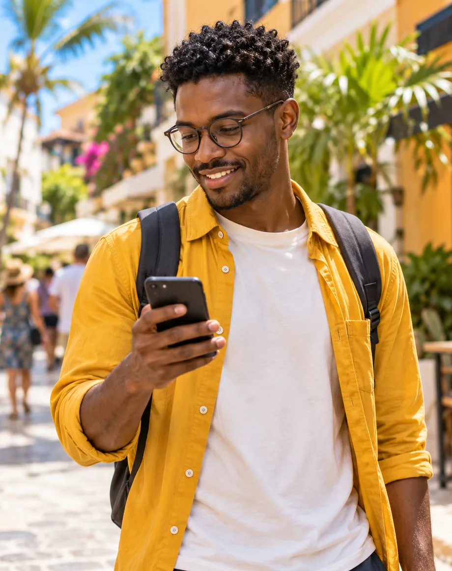 Jovem de camisa amarela e mochila olhando o celular em uma rua turística